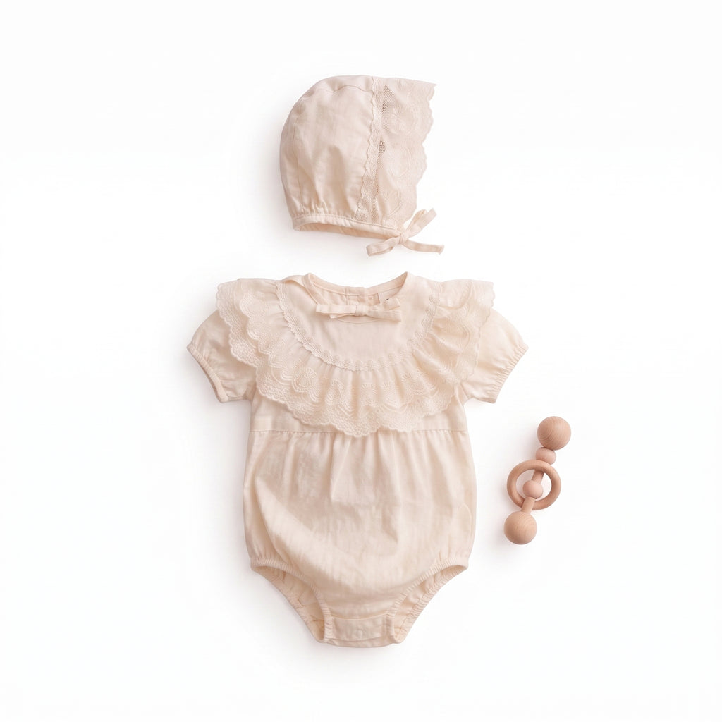 Kız Bebek %100 Pamuk Vintage Dantelli Romper Tulum & Bonet Şapka | 2’li Takım