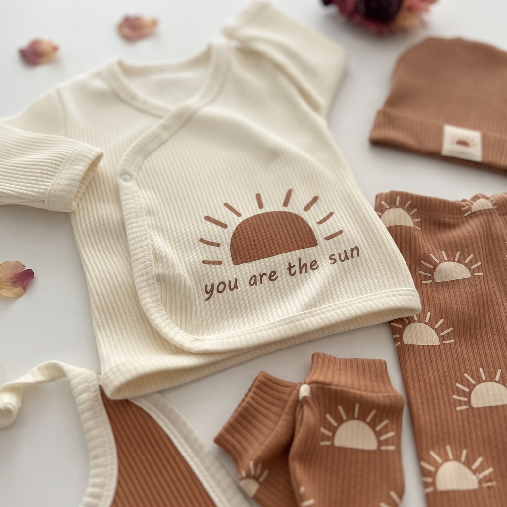 Organik Kumaş Fitilli 5 Parça Hastane Çıkışı Set