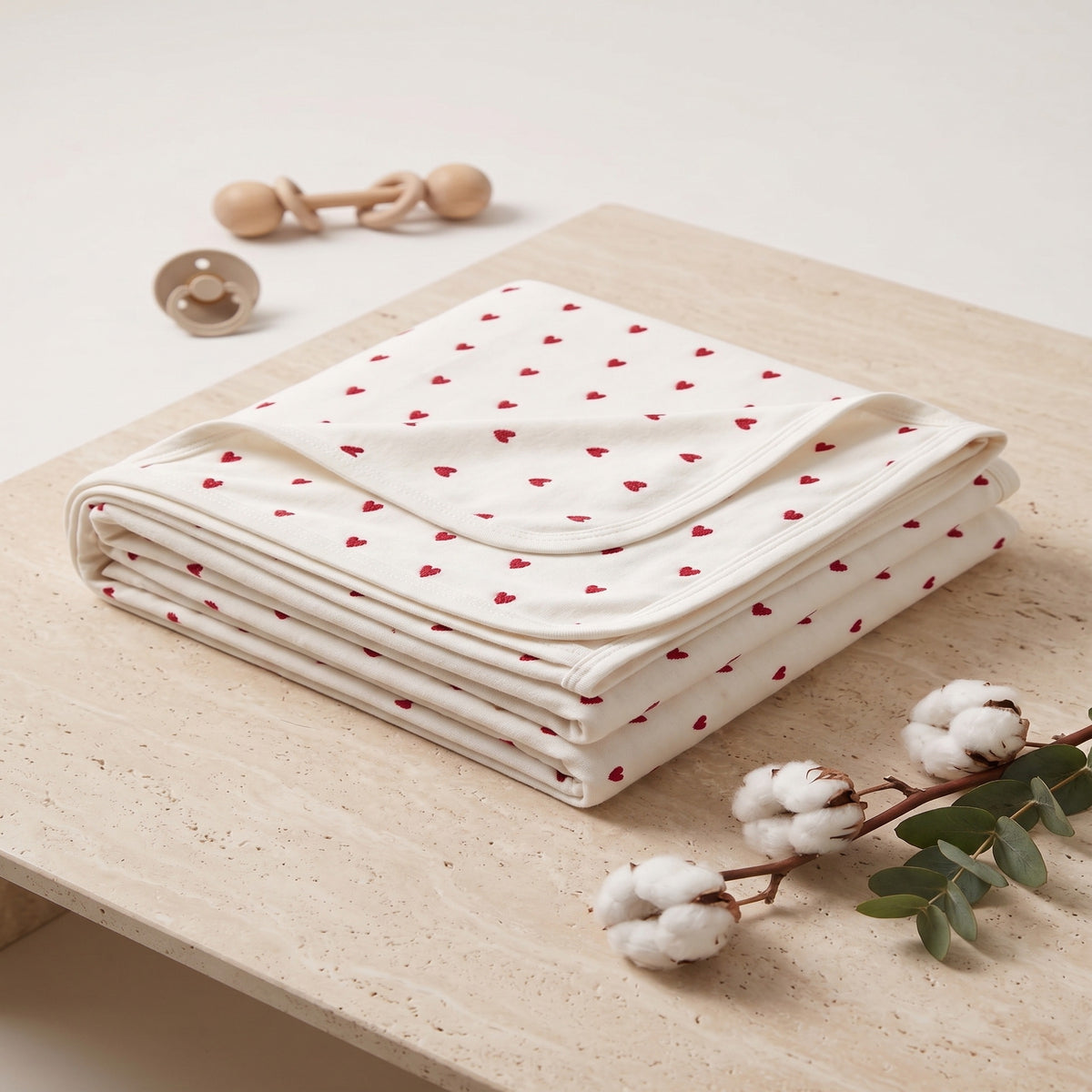 Kırmızı Kalpli Organik %100 Pamuklu Bebek Battaniyesi | 85x90 cm | Tek Kat | Kundak
