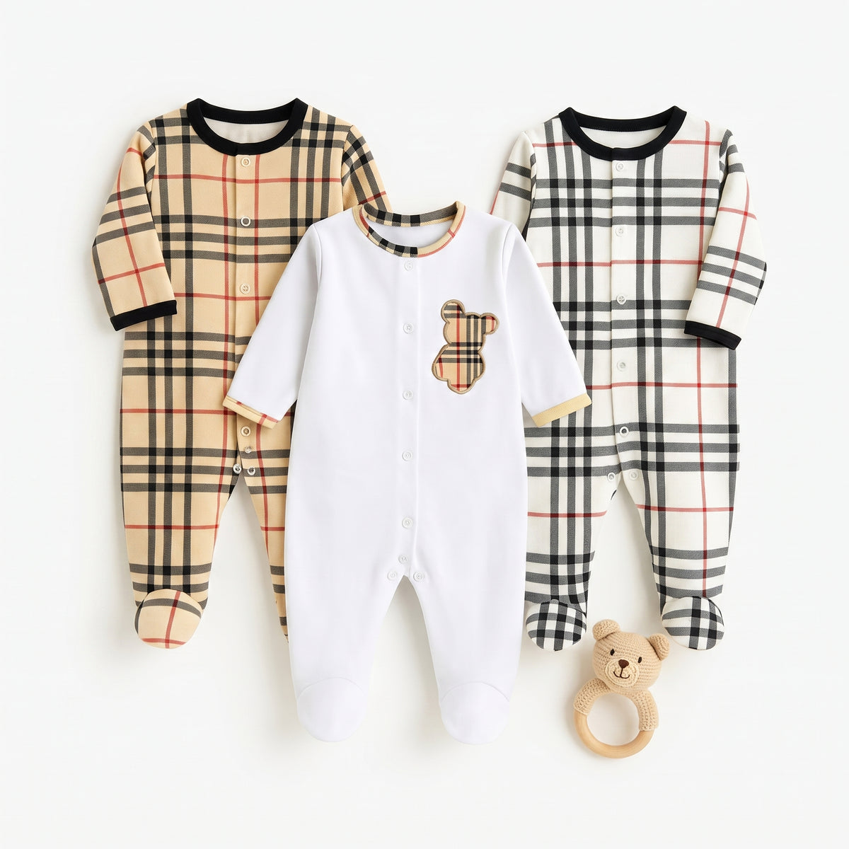 %100 Pamuklu Çizgi Ayıcık Desenli 3’lü Patikli Tulum Seti | Unisex