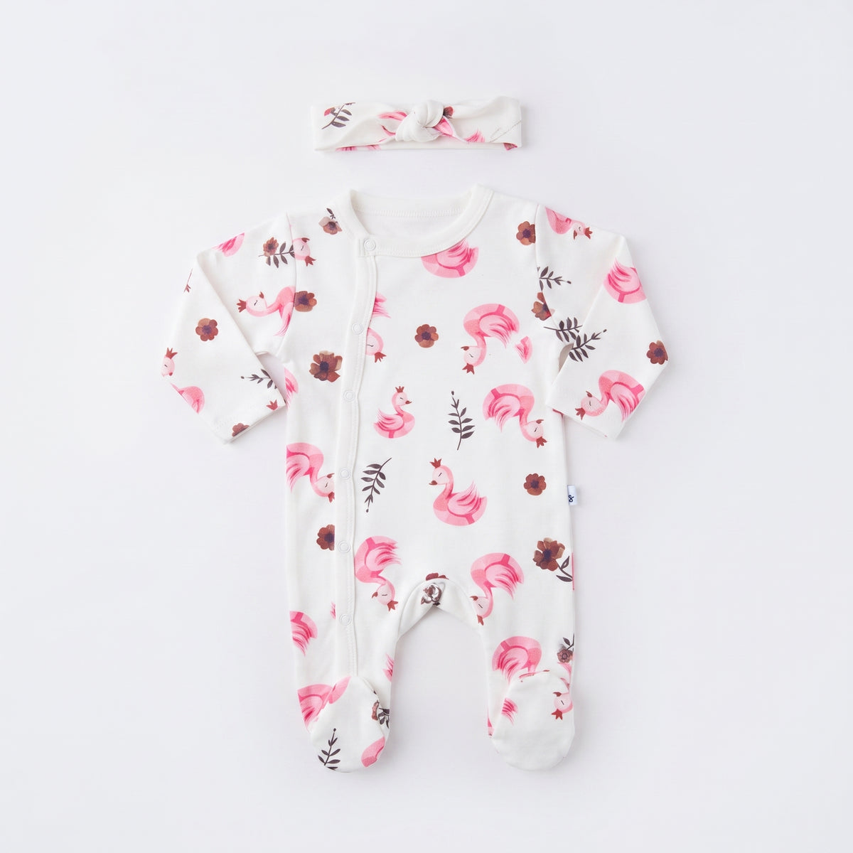 Swan Pattern Ekru Bandanalı Yenidoğan Kız Bebek Tulum Seti