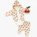 Cherry Pattern Krem Kapüşonlu Bodyli 3’lü Yenidoğan Kız Bebek Takımı