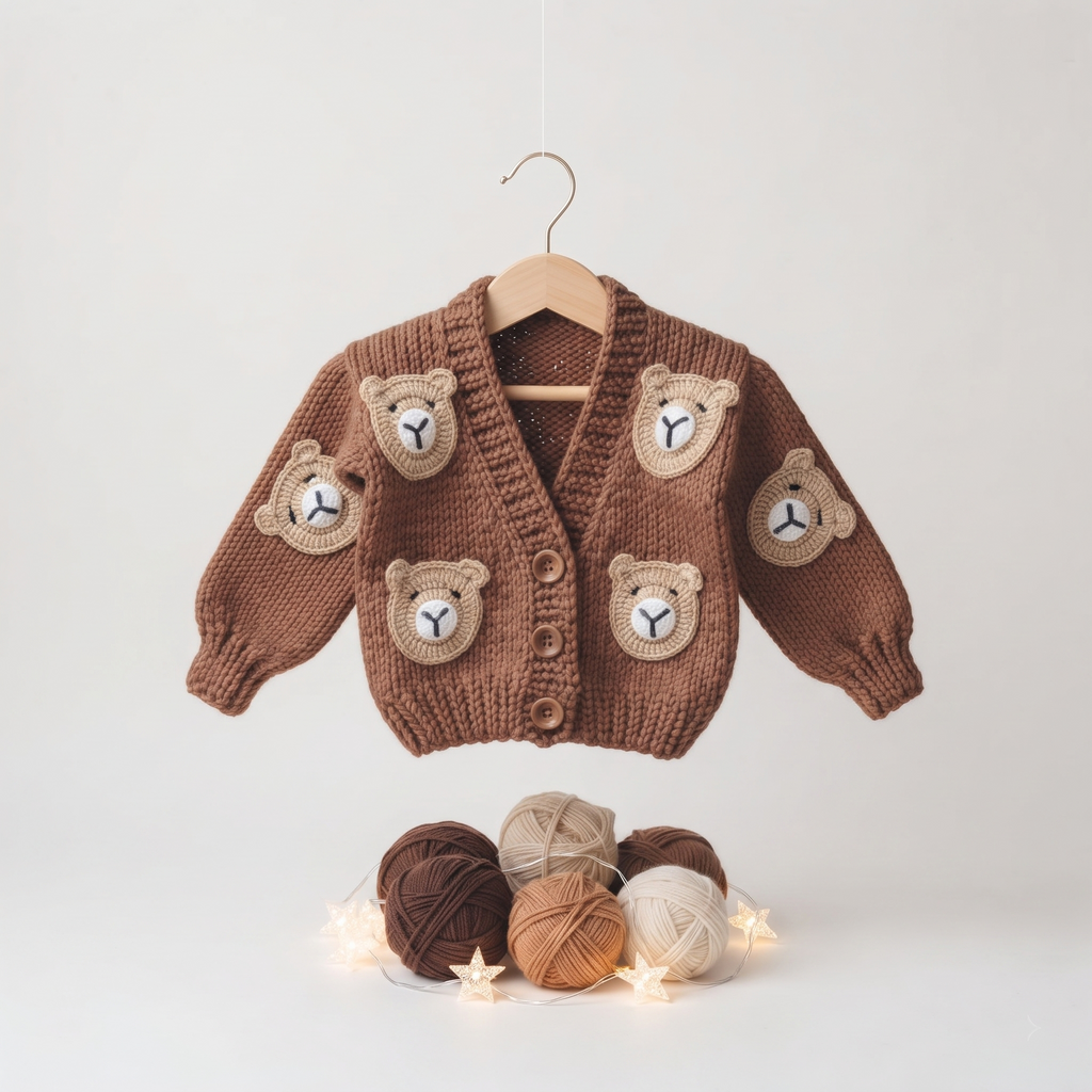 Lily Knitting El Örgüsü Ayıcıklı Bebek Hırka
