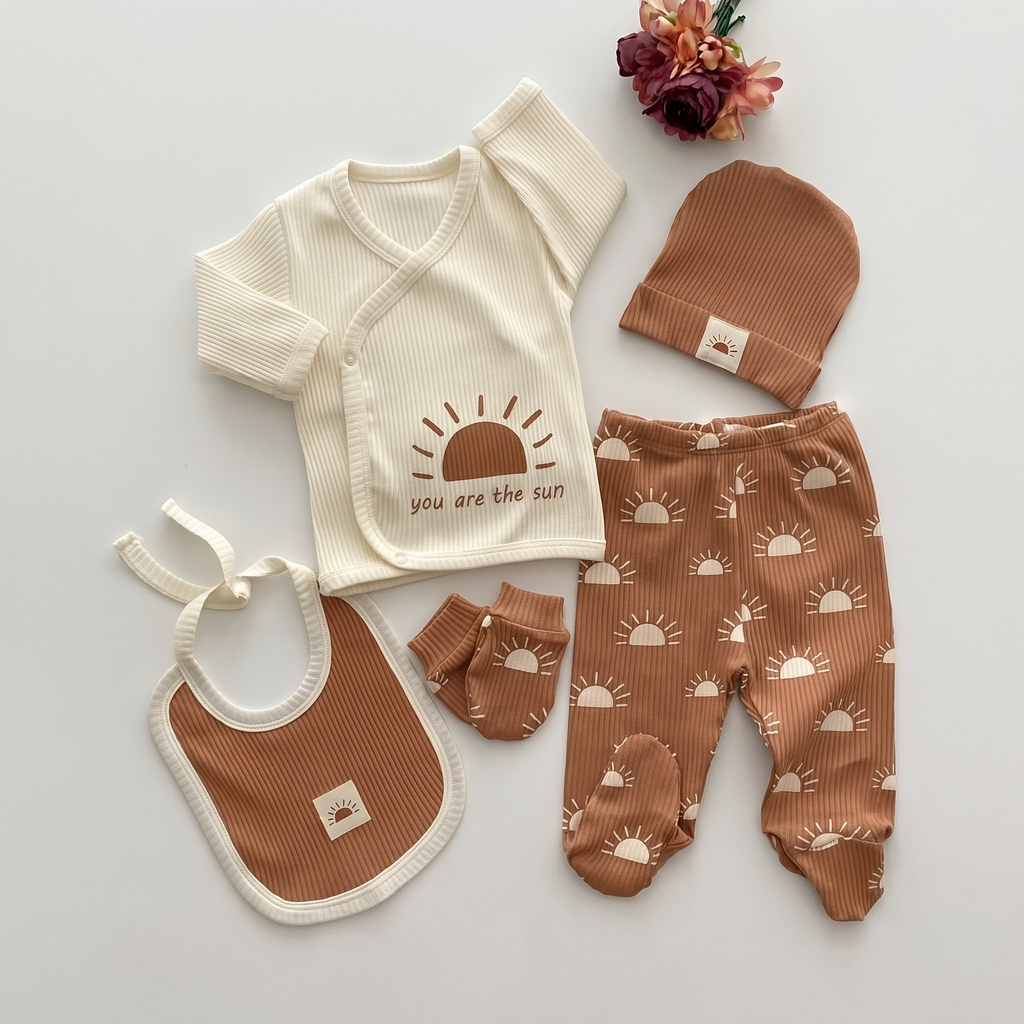 Organik Kumaş Fitilli 5 Parça Hastane Çıkışı Set