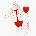 Heart Pattern Ekru Kapüşonlu Bodyli 3’lü Yenidoğan Kız Bebek Takımı