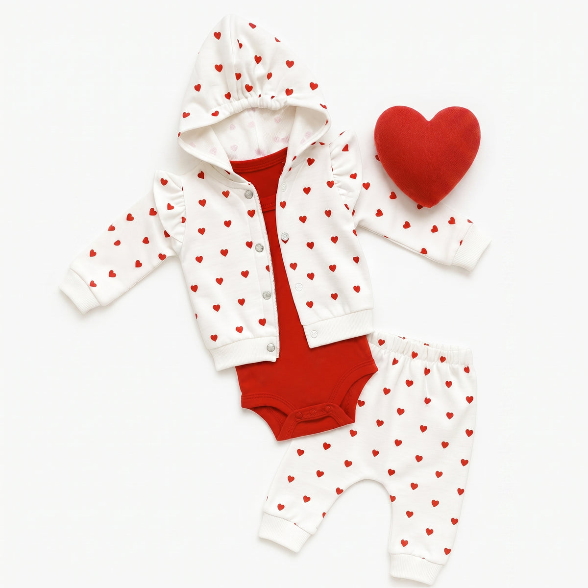 Heart Pattern Ekru Kapüşonlu Bodyli 3’lü Yenidoğan Kız Bebek Takımı